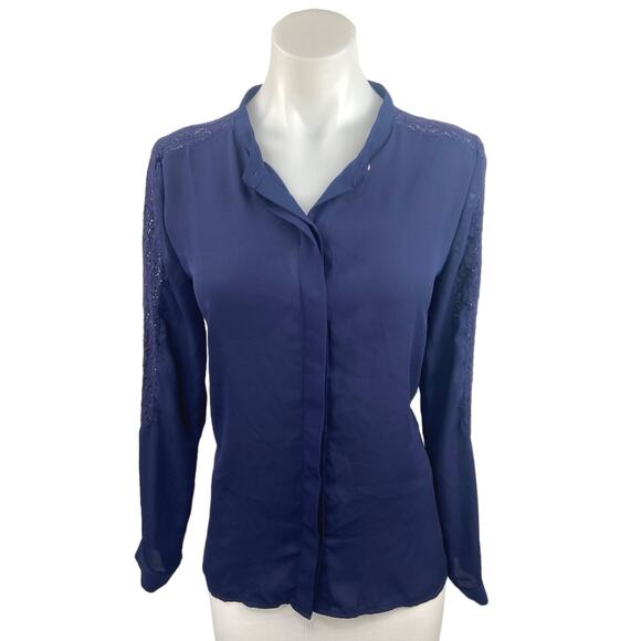 Forever 21 Navy Blue Lace Side Long Sleeve Button Down Blouse Top  Shiryt Size S - Picture 1 of 4